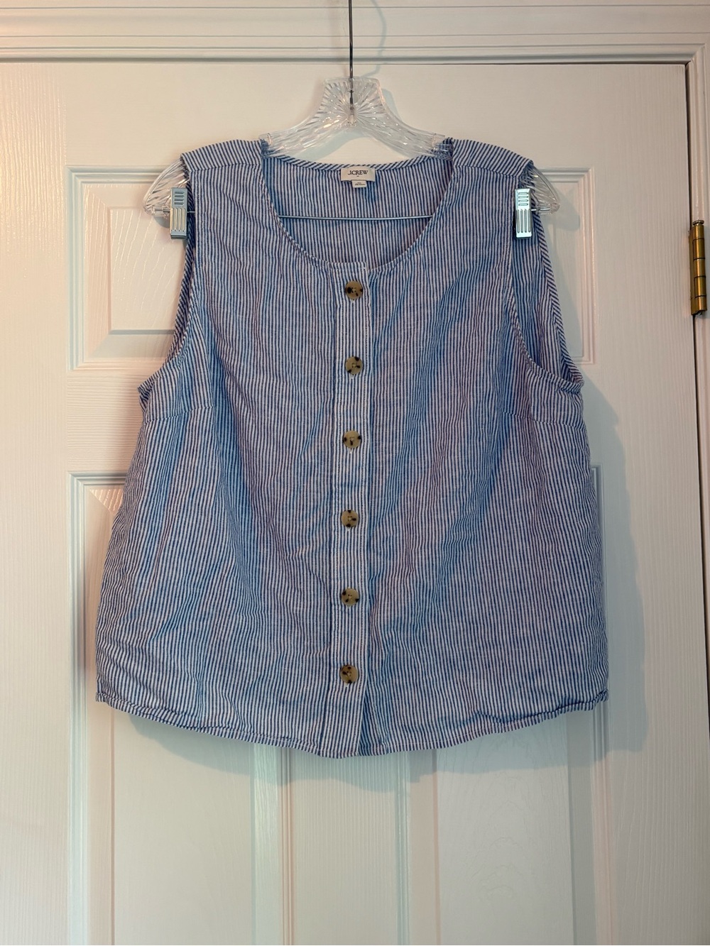 J. Crew Blue and White 100% Linen Striped Sleeveless Tank